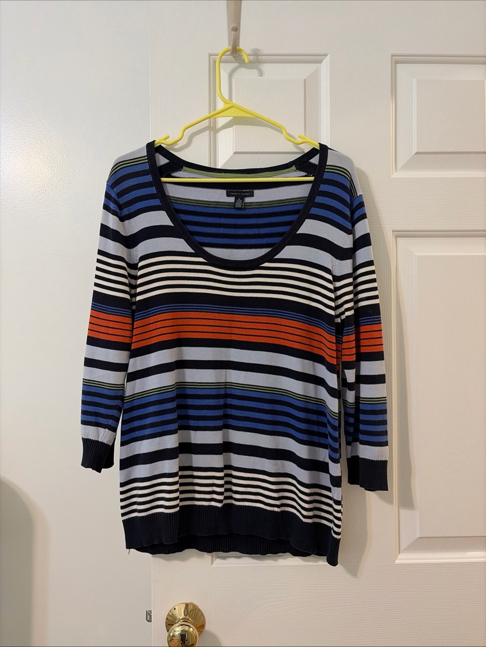 Tommy Hilfiger Scoop Neck Striped Long Sleeve Top in Blue, Black & Orange